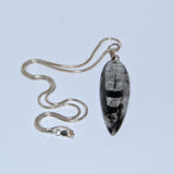 black stone fossil silver pendant necklace