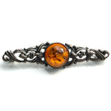 925 silver and Baltic Amber floral bar brooch