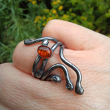 Amber handcrafted solid silver ring