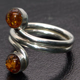 Amber and silver ring, handcrafted two stone ring