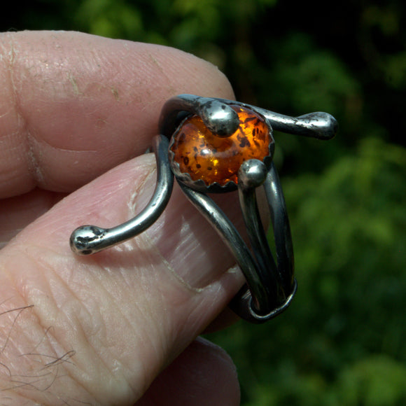 Amber and silver handcrafted ring
