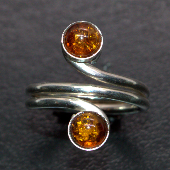 Amber and silver ring, handcrafted two stone ring