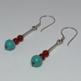 Turquoise Carnelian and silver bead earrings