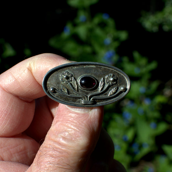 vintage 925 Garnet brooch, Arts and Crafts style floral pin