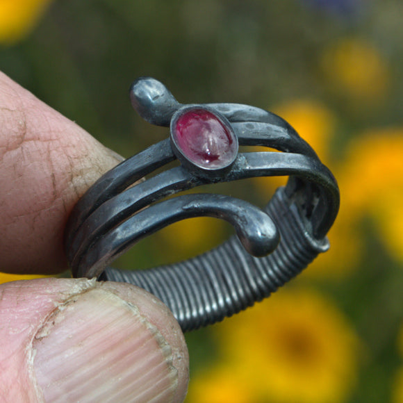 Garnet and silver wire wrapped ring
