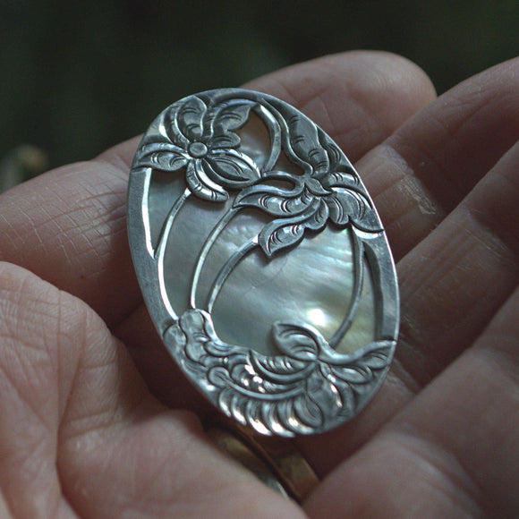 Mother-of-Pearl and silver overlay brooch