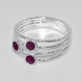 triple Ruby solid 925 silver textured ring