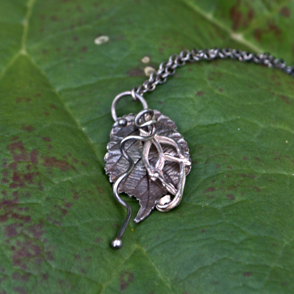 silver bramble leaf, fantasy leaf and twisting vine pendant