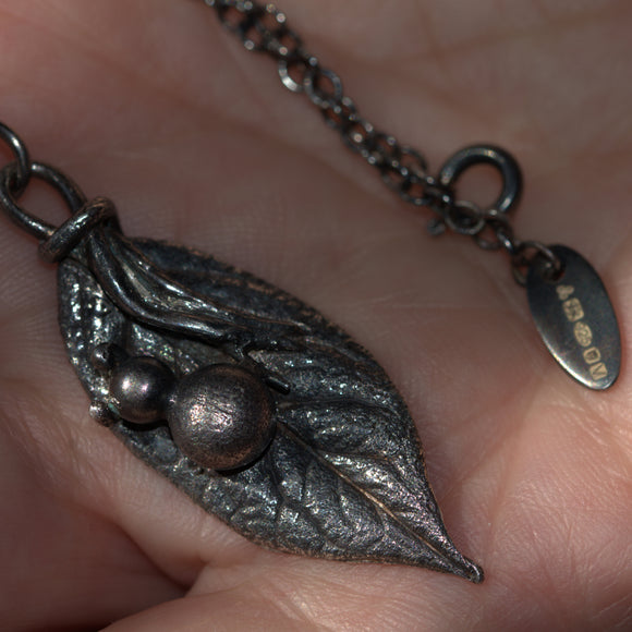 sterling silver leaf and beetle pendant 