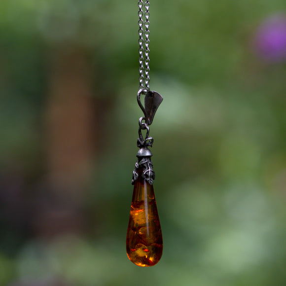 solid silver Amber oak leaves pendant