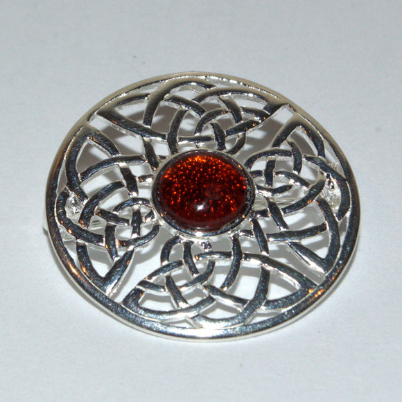 Celtic silver and Amber shield brooch pin