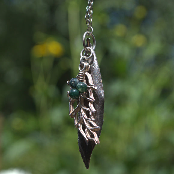 silver leaf, fantasy leaf and Moss Agate berries pendant
