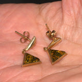 green Amber solid 9ct gold drop stud earrings