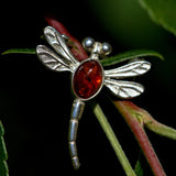 Amber solid 925 silver insect brooch