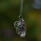 Moss Agate and silver leaf pendant