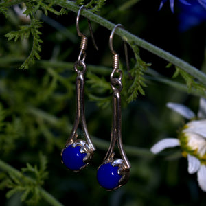 Solid silver earrings with Lapis blue stones hanging on a branch with green leaves and a white flower.