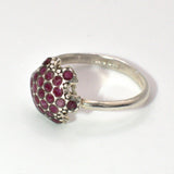 Ruby cluster Britannia silver ring, side view