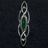 green marquise stone and silver Celtic brooch