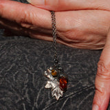 woodland oak leaf Citrine and Amber acorns solid silver pendant necklace