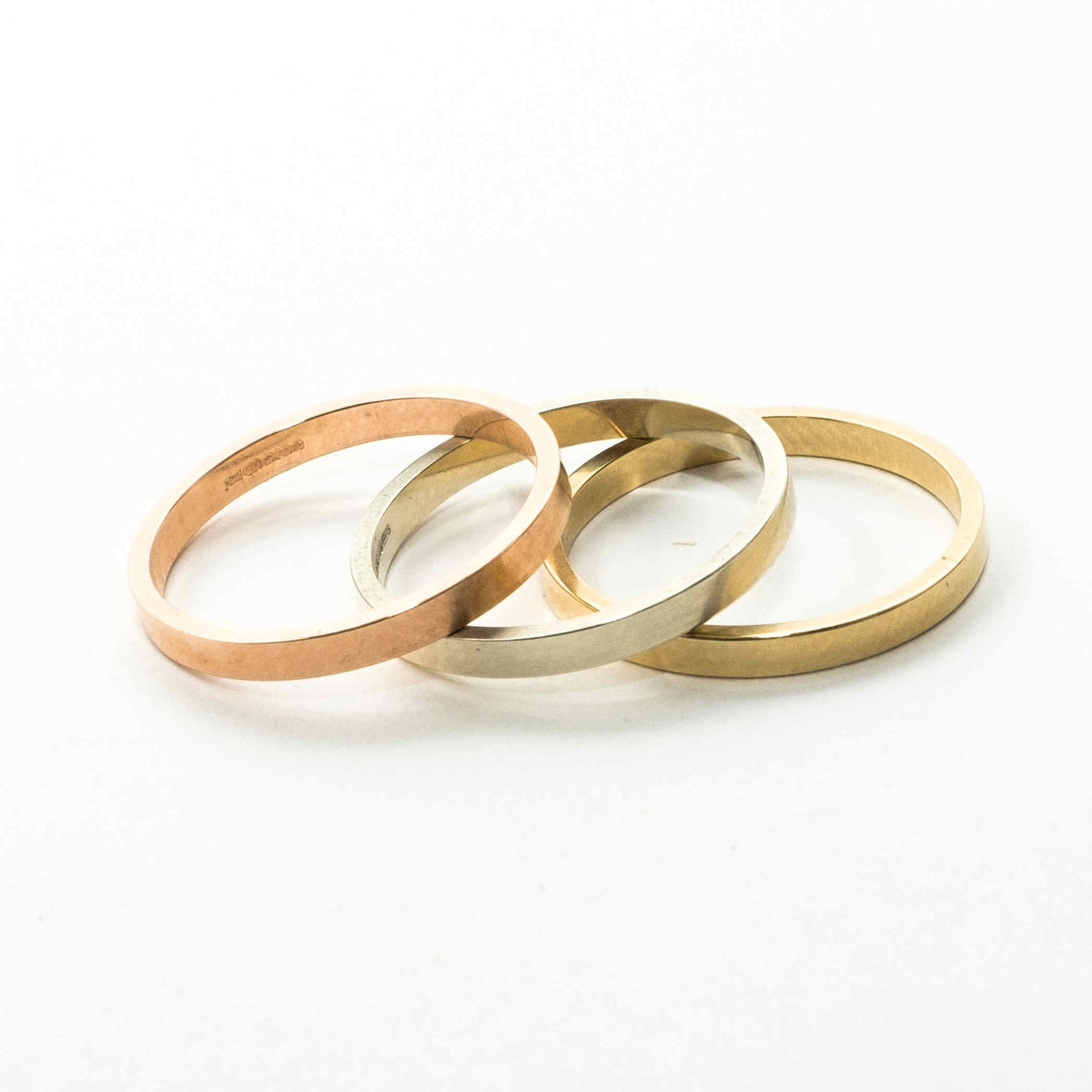 Tri colour solid 9ct gold stacking rings – Iceni Silvercraft
