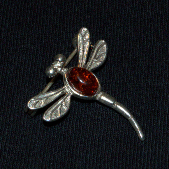 Amber and silver dragonfly brooch pin