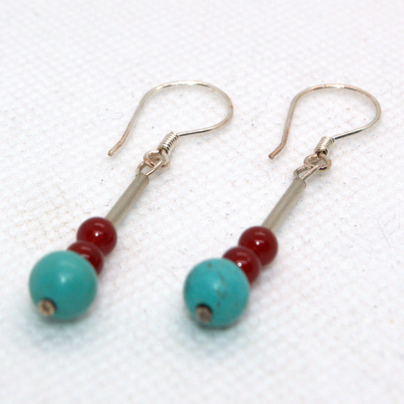 Turquoise Carnelian and silver bead earrings