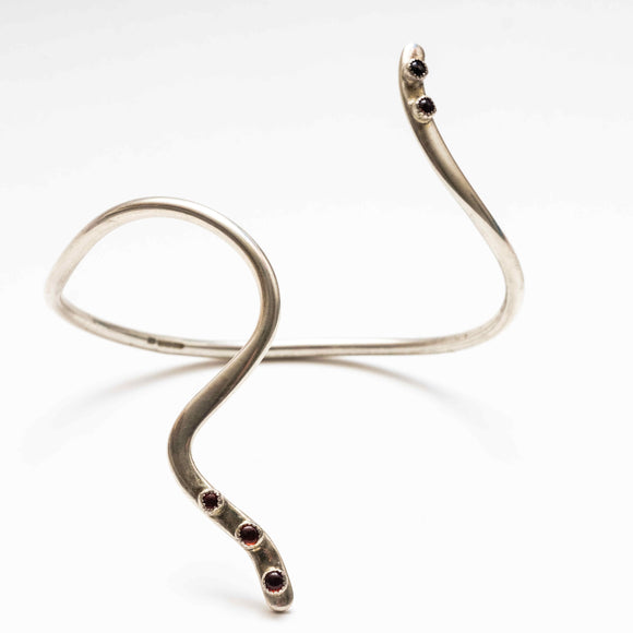 silver and Garnet freeform curved bangle