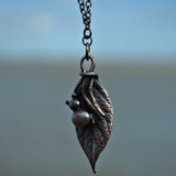 beetle and leaf silver nature pendant necklace