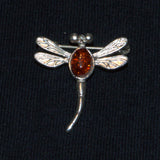 Amber and silver dragonfly bug brooch