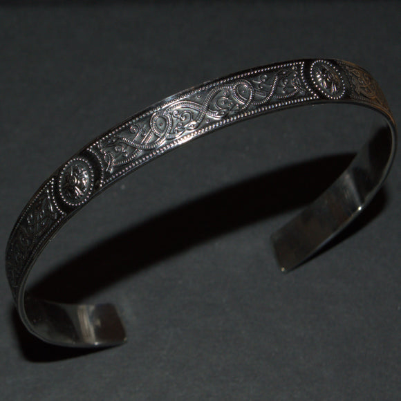Celtic silver patterned open cuff bangle