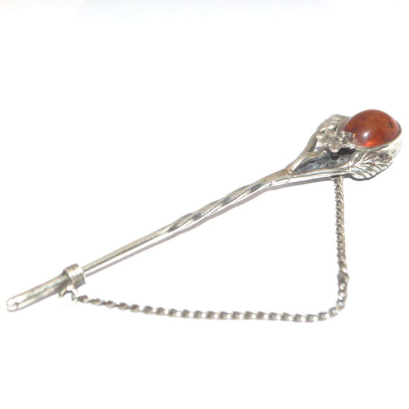 Amber and silver stick pin brooch